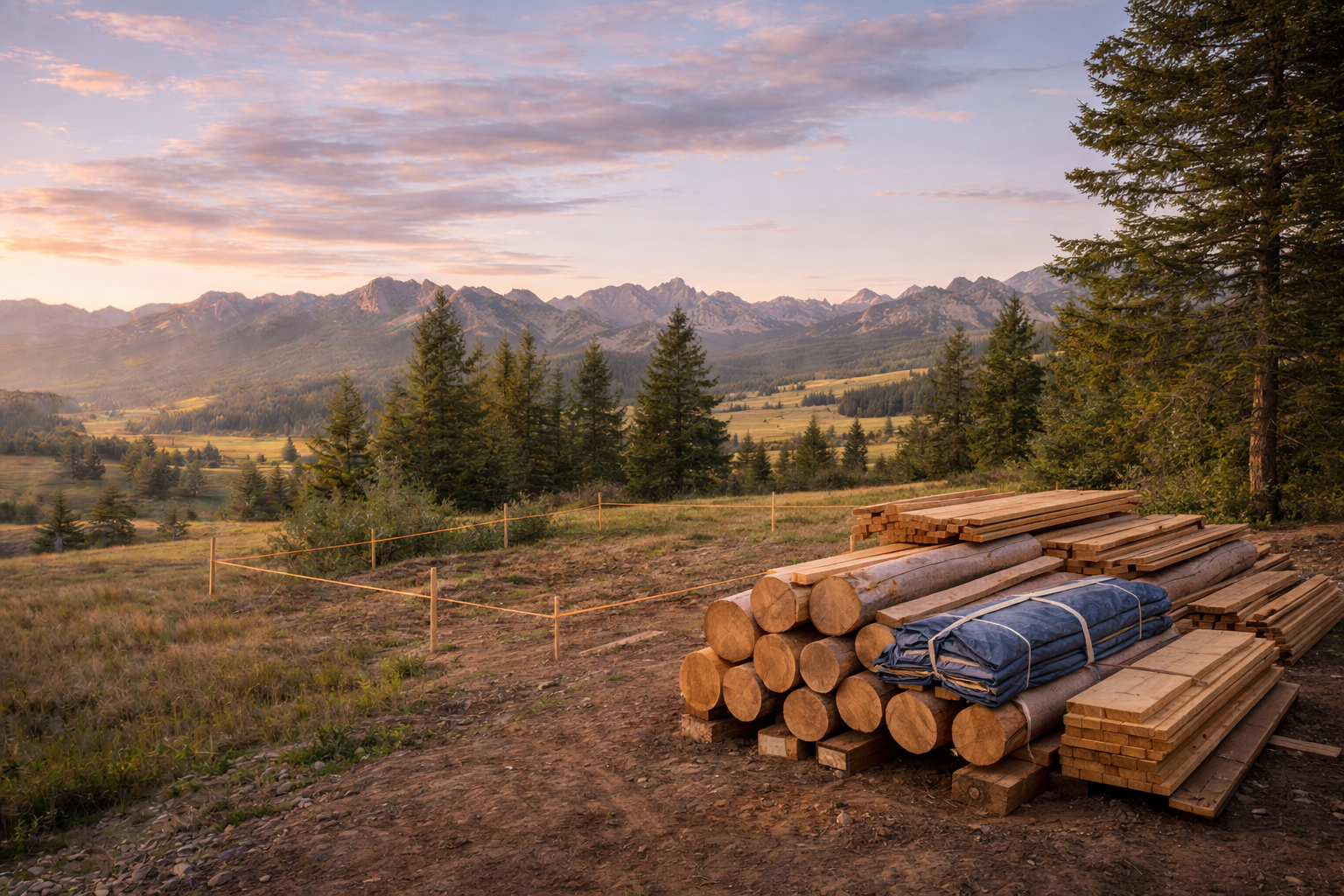 Homestead under construction at golden hour